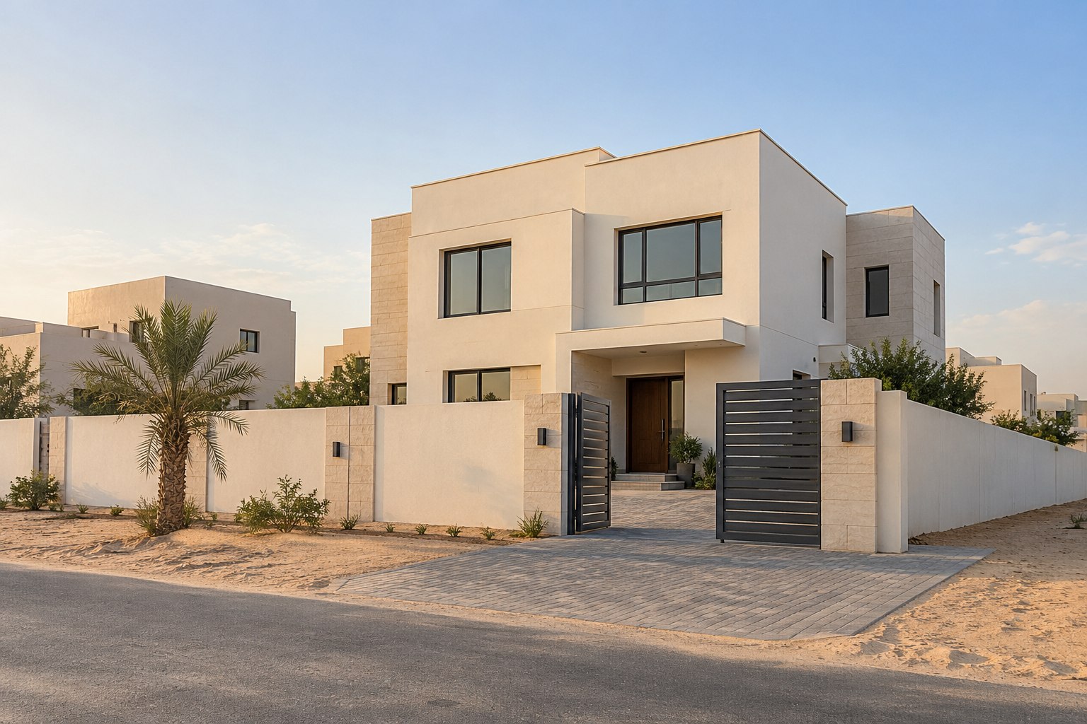 Illustrative two-storey family villa with a boundary wall and paved driveway, inspired by Umm Al Quwain homes