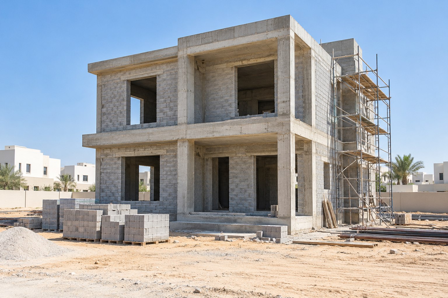 Illustrative two-storey villa under construction with reinforced concrete and block walls